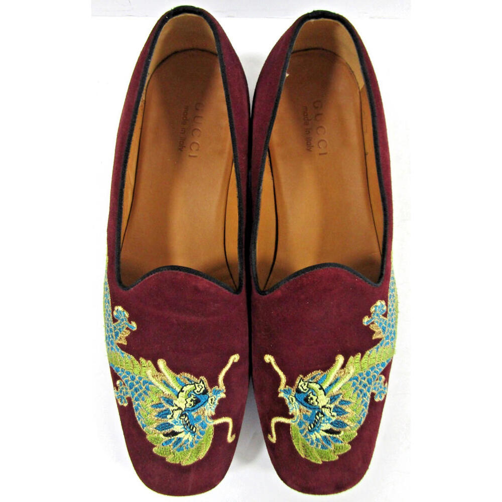Gucci Dragon Embroidered Wine Colored Suede Loafers Shoes Size 9 - Picture 2 of 12